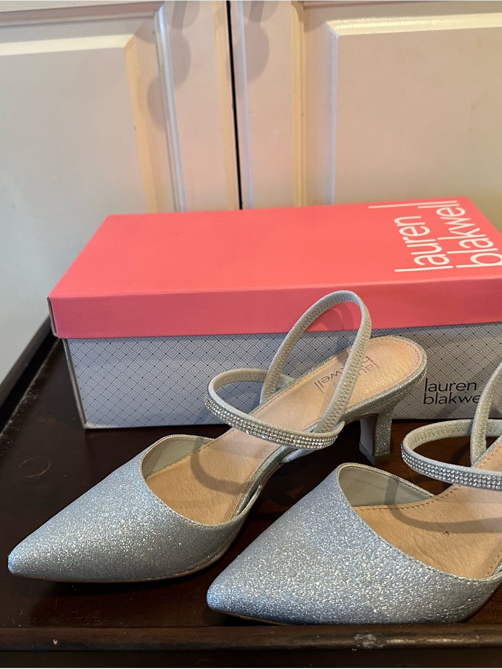 Lauren Blakwell Silver Glitter Slingback Heels